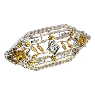 14k Two Tone Gold 0.20carets Diamond Filigree Brooch For Sale