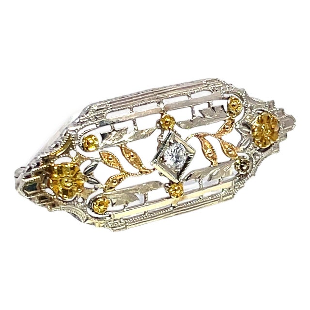14k Two Tone Gold 0.20carets Diamond Filigree Brooch For Sale