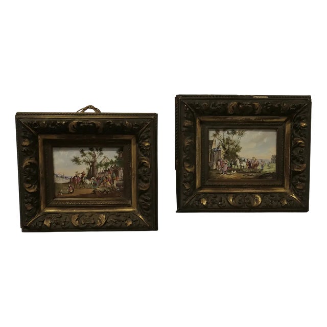 French Painted Porcelain Plaques by P W, 1800s, Set of 2 For Sale