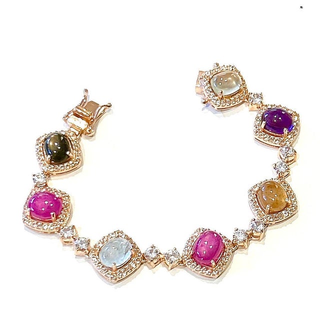 Pink Bochic “Capri” Vintage Multi Fancy Sapphire & Ruby Bracelet Set In 18K & Silver For Sale - Image 8 of 9