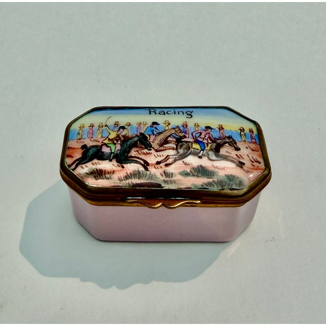 A charming late 19th-century English enamel box, probably made in Bilston or Birmingham, with a soft pink enamel-on-copper...