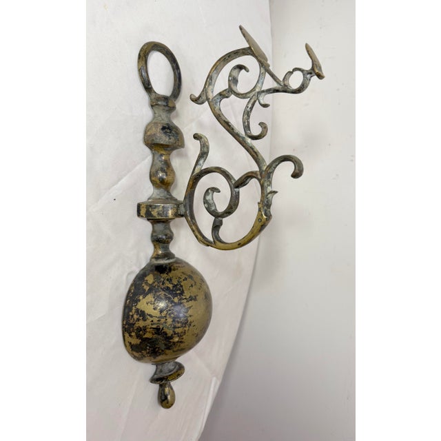 Traditional Antique 18th Century 2pc. Wall Mount Dutch Brass Sconce Fixture Wall Hook Hanger For Sale - Image 3 of 12