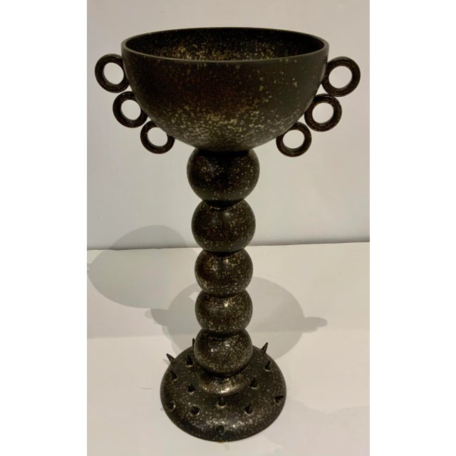 Original Retail $970, stylish Global Vies Modern Bronze Finished Spiked Ring Vase, showroom floor sample