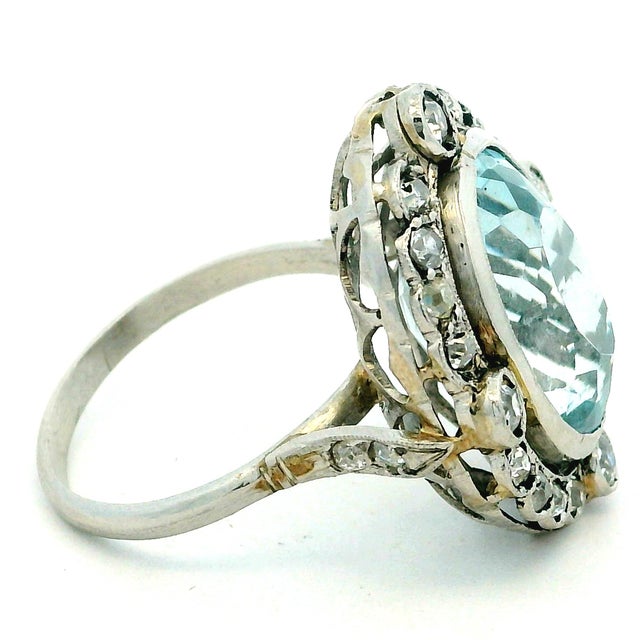 Metal 1930s Art Deco Platinum Aquamarine Diamond Halo Ring, 10 Ct, Size 8 For Sale - Image 7 of 14