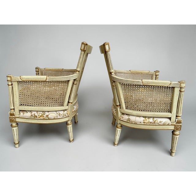 French 1950s Pair of Hibriten Chair Co. Louis XVI-Style Bergère Armchairs | Cream & Gilt | Cane Sides | Floral Brocade | Lenoir Nc For Sale - Image 3 of 12