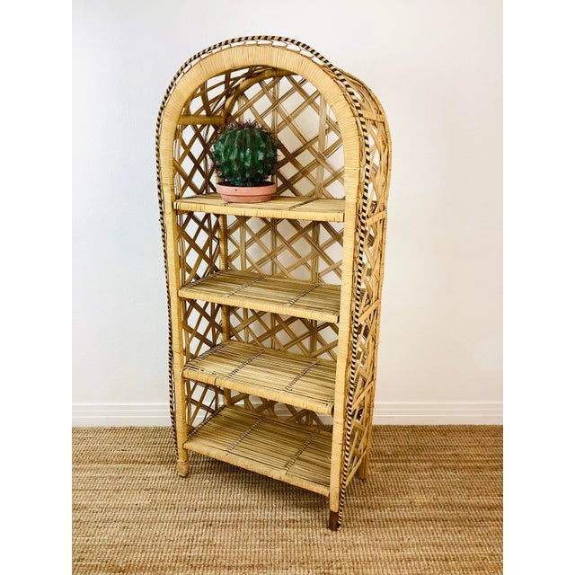 Boho Chic Vintage 1970s Woven Rattan Arch Top Peacock Chair Style Shelf / Bookshelf For Sale - Image 3 of 9