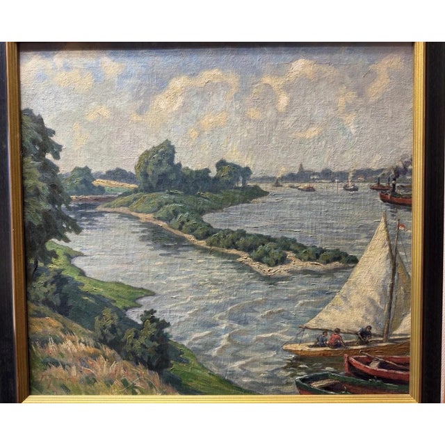 Fritz Zimmer, Harbor in Düsseldorf, Oil Painting on Canvas For Sale - Image 6 of 13