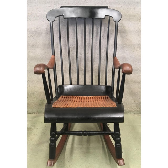 19th Hitchcock Rocking Chair With Woven Seat and Black Painted For Sale - Image 4 of 9