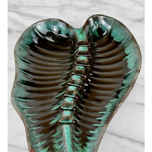 Mid-Century Porcelain Turquoise Drip Art Pottery Foliage Leaf Cigar Ashtray For Sale - Image 6 of 9