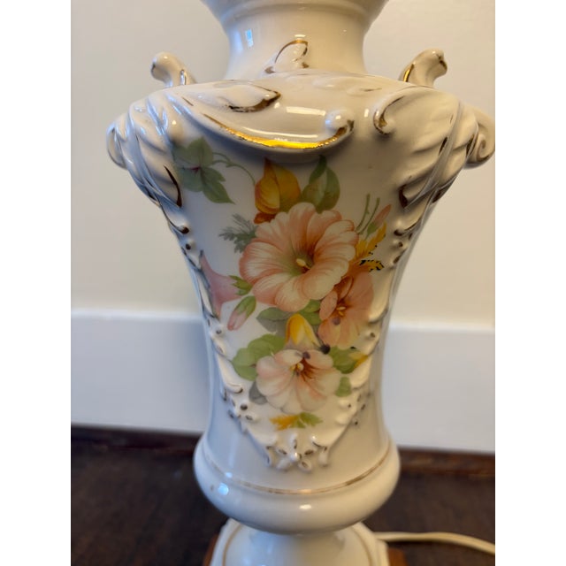 Vintage Floral Porcelain Urn Table Lamp With Sculptural Scroll Handles For Sale - Image 4 of 12