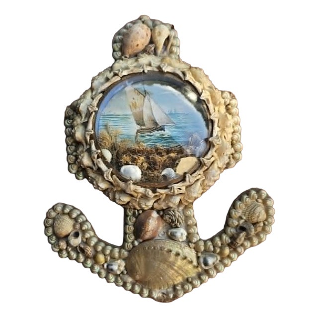 Victorian Anchor Seashell Maritime Diorama in Beech and Glass For Sale