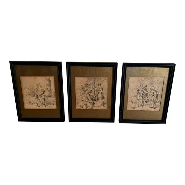 Set of 3 Framed Ink Drawings in the Style of Kate Greenaway For Sale