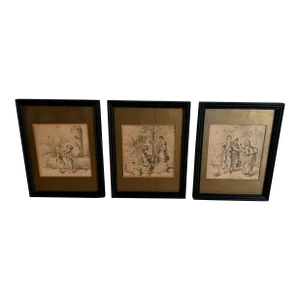 Set of 3 Framed Ink Drawings in the Style of Kate Greenaway