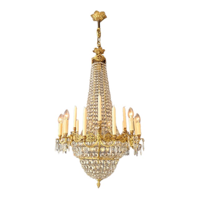 Antique Italian Empire Revival Brass and Crystal Chandelier Candle Holders For Sale