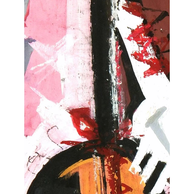 Mid-century modern abstract painting of musical instrument by German artist, circa 1960. Original artwork on paper...