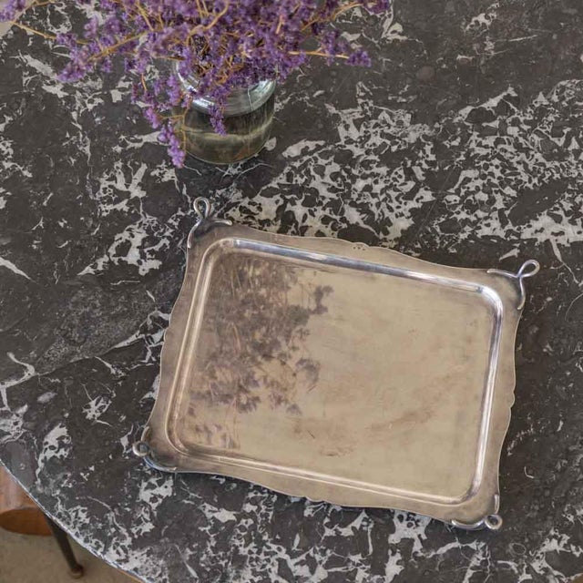 Lovely silver plated tray from France, 1940s. Rectangular tray with curvy edge and four loop handles. Beautiful silver...