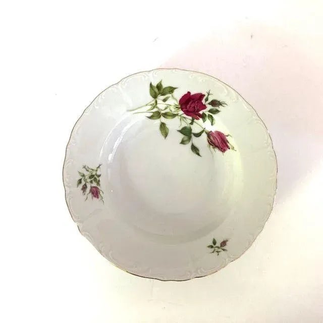 Vintage set of 4 rose patterns with gold-rimmed fine china soup, salad, pasta bowls, makers mark reads" Fine Bohemian...