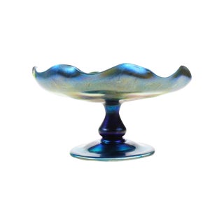 Tiffany Favrille Blue Iridescent Pedestal Compote For Sale