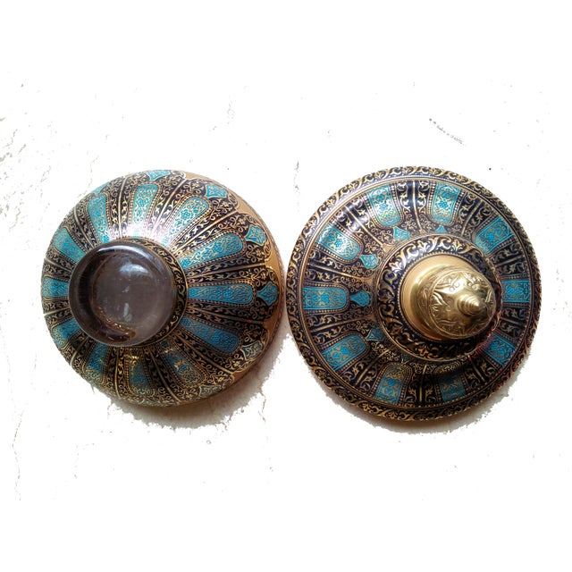 Metal Hand Painted Glass Bowl With Cover Decorated With 24 Karat Gold and Multi-Blue Colors & Brass For Sale - Image 7 of 8