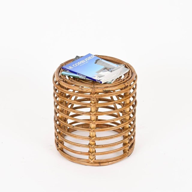 1960s Rattan and Wicker Round Stool attributed to Tito Agnoli, Italy, 1960s For Sale - Image 5 of 11