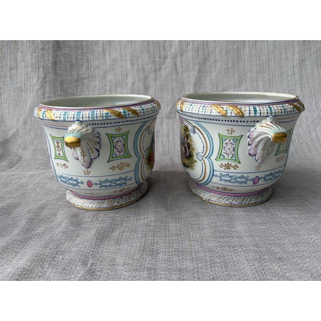 Hand Painted Bisque CachePots Set of 2 For Sale - Image 11 of 18