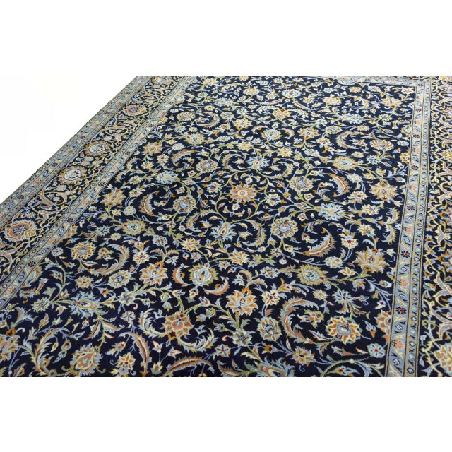 Hand-Knotted Kashan Rug with Dark Blue with Floral Patterns For Sale - Image 5 of 13