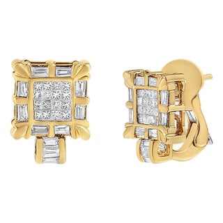 14K Yellow Gold 7/8 Cttw Princess and Baguette-Cut Diamond Square Framed Huggie Hoop Omega Earrings (H-I Color, SI1-SI2 Clarity) For Sale