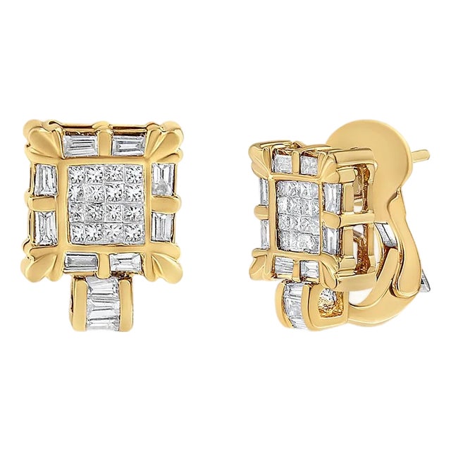 14K Yellow Gold 7/8 Cttw Princess and Baguette-Cut Diamond Square Framed Huggie Hoop Omega Earrings (H-I Color, SI1-SI2 Clarity) For Sale