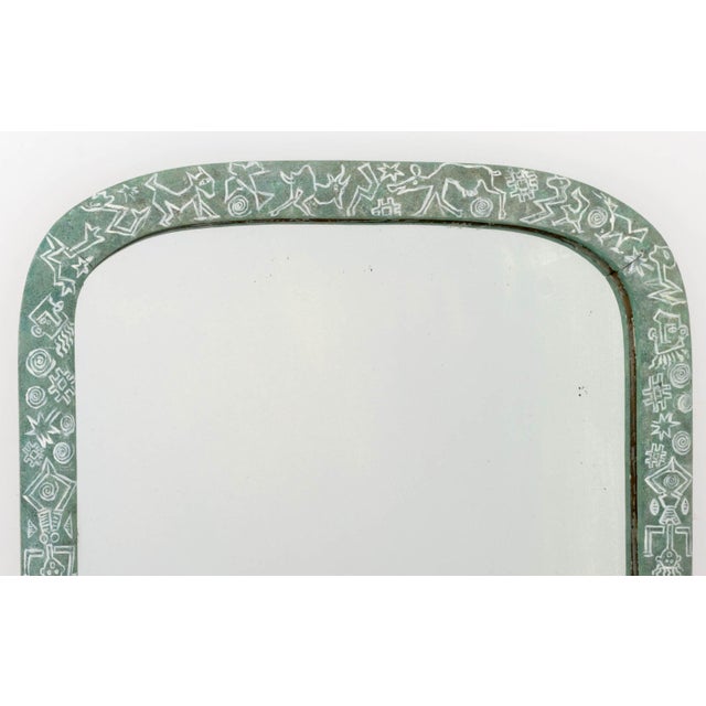 Sage Green Ground Paint-Decorated Wood Framed Arch Form Mirror, hand-painted with symbols, animals, and geometric figures....