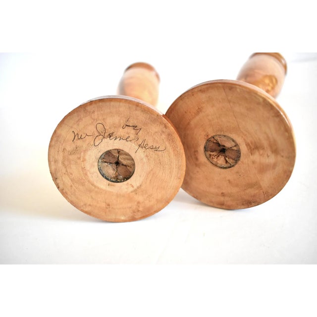 Late 20th Century Pair of Vintage Turned Wood Bird's Eye Maple Candlesticks For Sale - Image 5 of 6