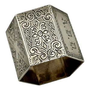 Fine Quality Beautifully Hand Engraved Antique American Victorian Coin Silver Hexagon Napkin Ring Circa 1860s