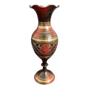 Vintage Indian Red and Black Enamel Engraved Brass Ruffle Bud Vase