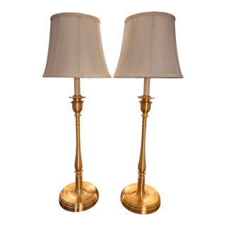 Contemporary Ralph Lauren Brushed Gold Tall Buffet Lamps With Off White Silk Shades, a Pair For Sale