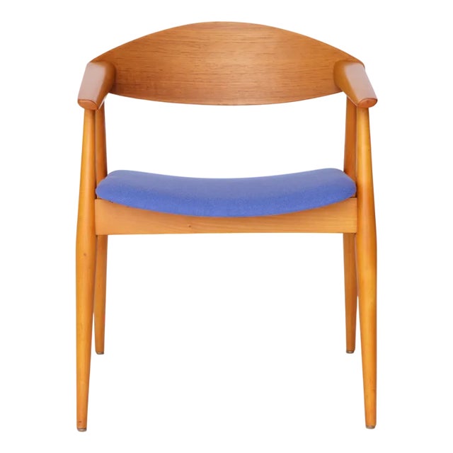 Vintage Beech and Teak Armchair with Blue Upholstery, Germany, 1960s For Sale