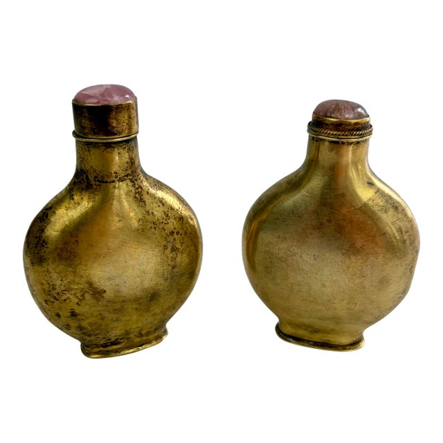 Vintage Chinese Brass Snuff Bottles With Pink Tourmaline Stoppers — Pair For Sale