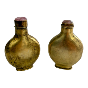 Vintage Chinese Brass Snuff Bottles With Pink Tourmaline Stoppers — Pair