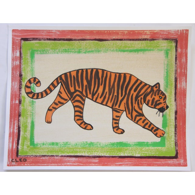 Contemporary Leopard Folk Art Americana Pop Art Raspberry Pink Green Orange Original Painting by Cleo Plowden For Sale - Image 3 of 3