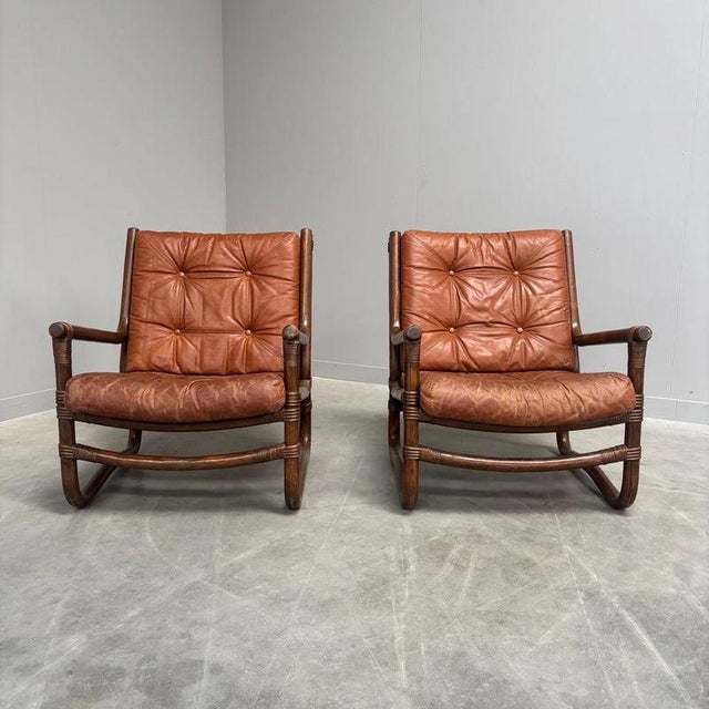 Vintage Bamboo and Leather Chairs, 1970s, Set of 2 For Sale - Image 4 of 15
