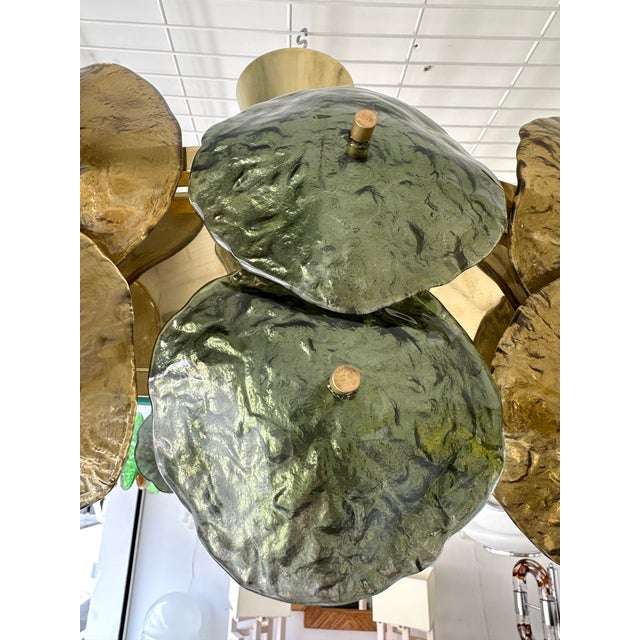 Contemporary Water Lily Chandelier Brass and Murano Glass , Italy For Sale - Image 9 of 12