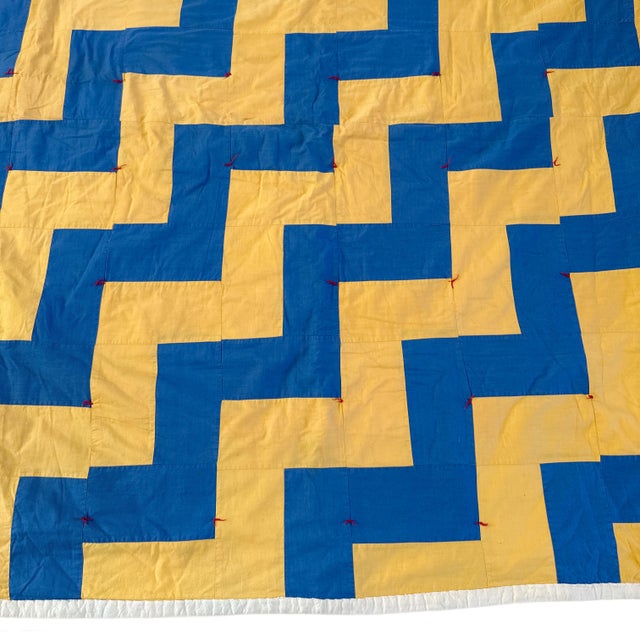Blue Vintage 1940s Streak of Lightning Cotton Quilt - Blue and Yellow Staircase Geometric Stepped Pattern - 77" X 57" For Sale - Image 8 of 18