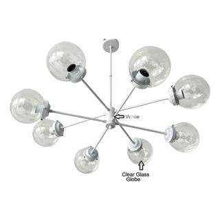 White Sputnik Chandelier, Clear Glass Globe Pendant Light, 8-Light Minimalist Ceiling Fixture For Sale