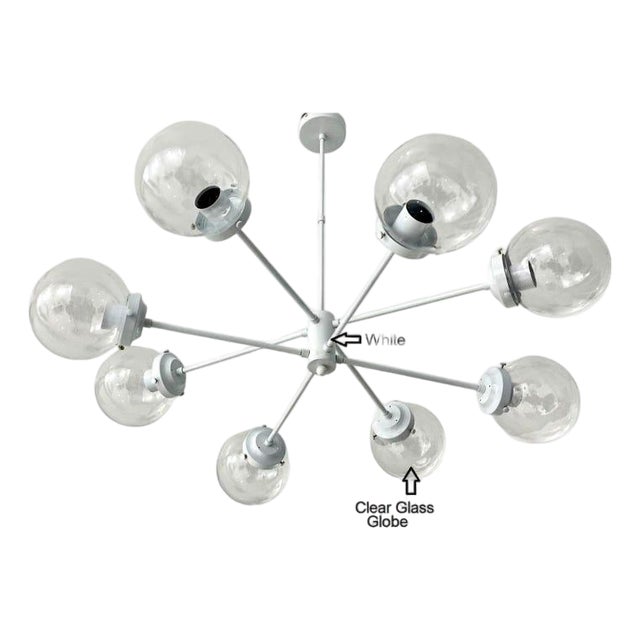 White Sputnik Chandelier, Clear Glass Globe Pendant Light, 8-Light Minimalist Ceiling Fixture For Sale