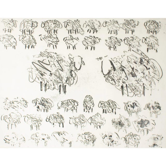 A 1973 intaglio print of abstract sheep by the American artist Jennifer Wildman. The print features two larger sheep...