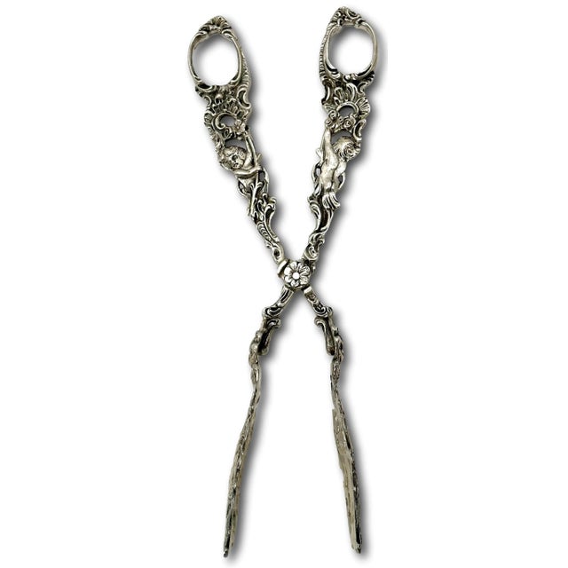 Fancy Antique Signed Peruzzi Italy Rococo Style Solid 800 Grade Coin Silver Pastry - Cannoli Serving Tongs For Sale - Image 9 of 12