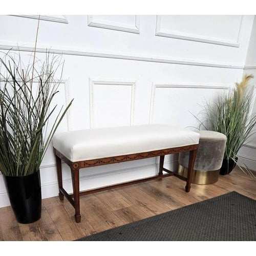 A beautiful and sleek Italian wooden bench or settee of fine quality with excellent profile inlay decors, it is a great...