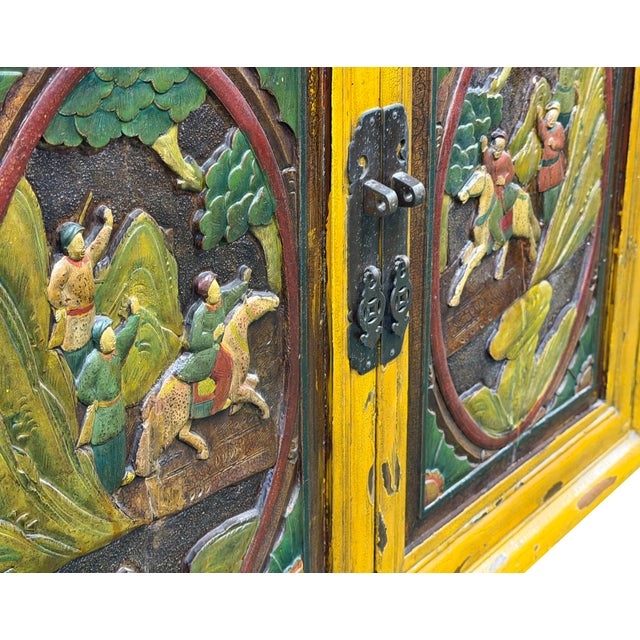 Vintage Chinese Yellow Lacquered Wood Credenza Sideboard Carved Scenic Panels For Sale - Image 4 of 18