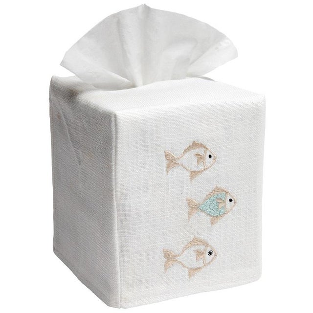 2020s Aqua/Beige School of Fish Tissue Box Cover in White Linen & Cotton, Embroidered For Sale - Image 5 of 6