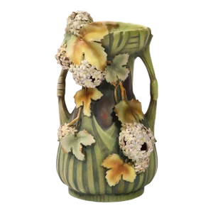 1900s Porcelain Double Handled Hydrangea Motif Antique Vase, Signed by Robert Hanke