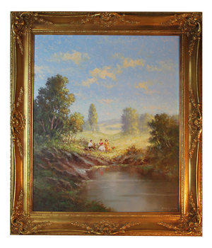 Hans Bogojevic, Lakeside Picnic, 1960s, Oil on Canvas, Framed