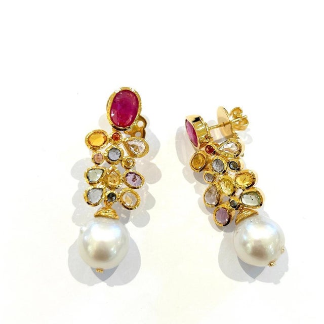 2000 - 2009 Bochic "Capri" Vintage Ruby & Multi Sapphire Earrings Set In 18K Gold & Silver For Sale - Image 5 of 18